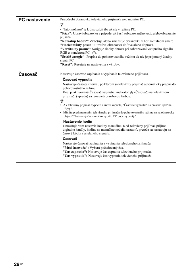 Pc nastavenie, Časovač | Sony BRAVIA KDL-26T30 User Manual | Page 162 / 204