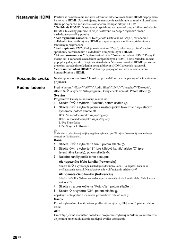 Nastavenie hdmi, Posunutie zvuku, Ručné ladenie | Sony BRAVIA KDL-26T30 User Manual | Page 164 / 204