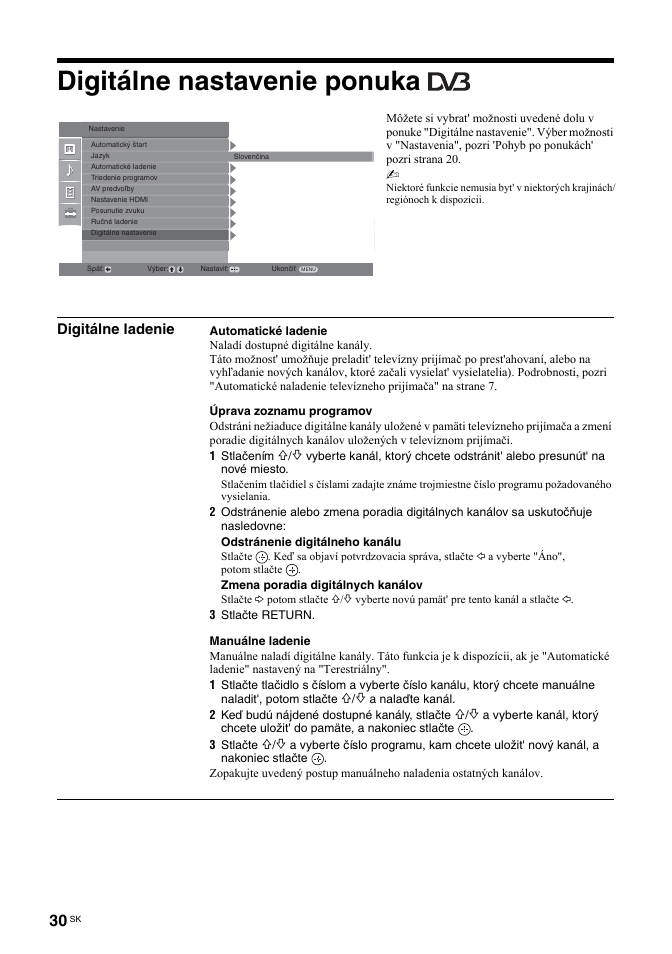Digitálne nastavenie ponuka, Digitálne ladenie | Sony BRAVIA KDL-26T30 User Manual | Page 166 / 204