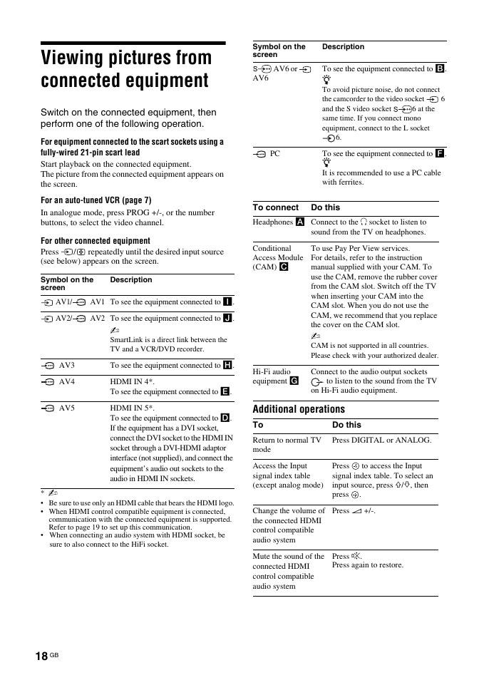 Viewing pictures from connected equipment, Additional operations | Sony BRAVIA KDL-26T30 User Manual | Page 18 / 204