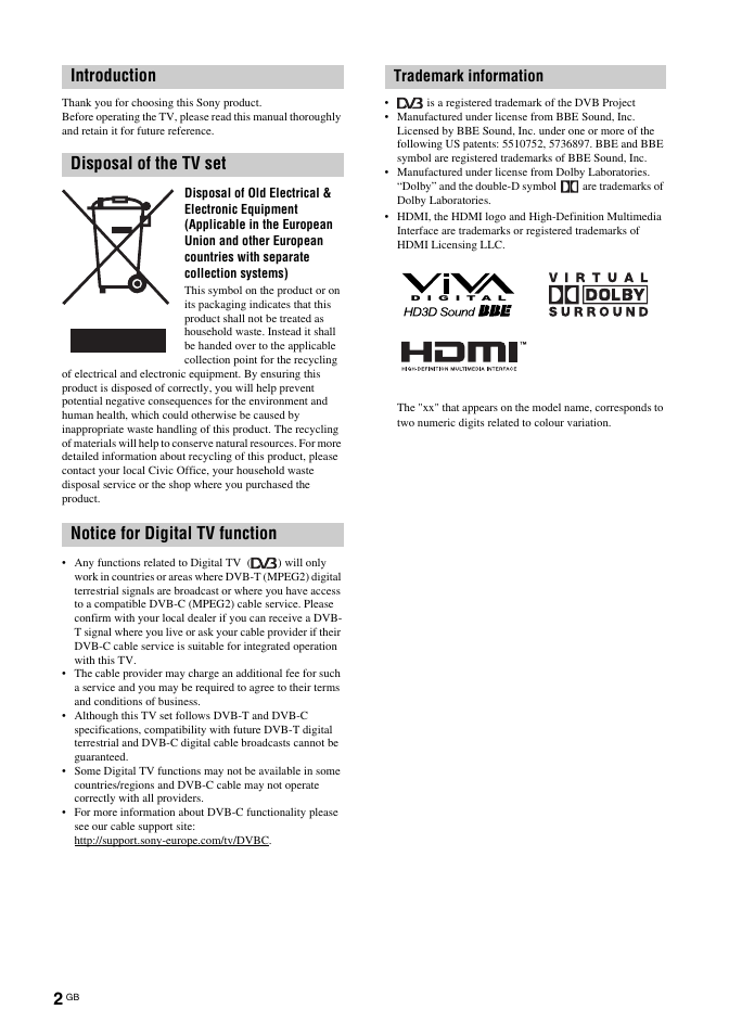 Trademark information | Sony BRAVIA KDL-26T30 User Manual | Page 2 / 204