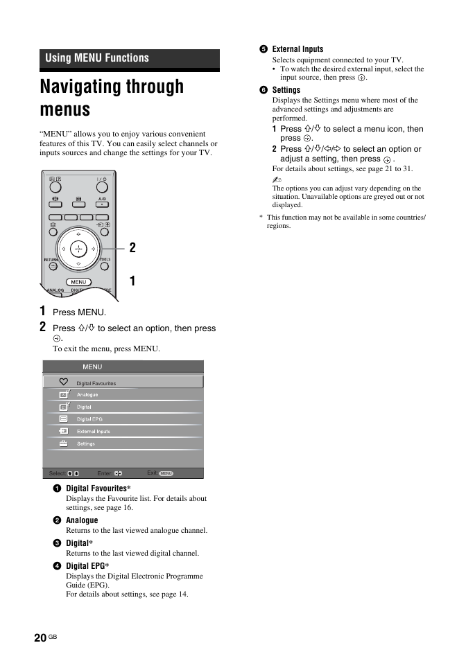 Navigating through menus, Using menu functions | Sony BRAVIA KDL-26T30 User Manual | Page 20 / 204