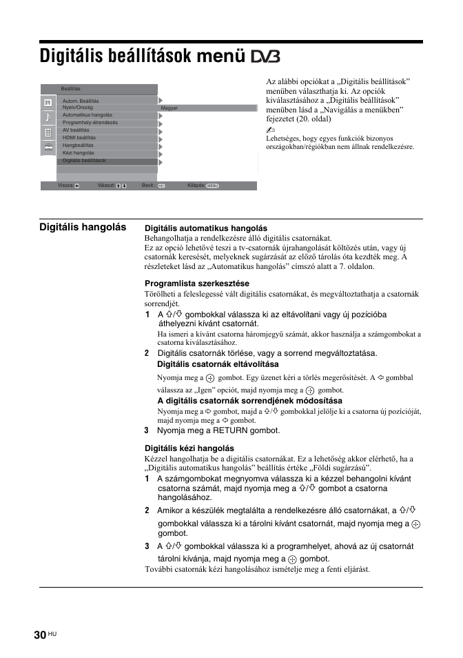 Digitális beállítások menü, Digitális hangolás | Sony BRAVIA KDL-26T30 User Manual | Page 200 / 204