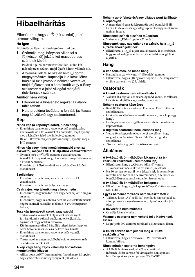 Hibaelhárítás, Hang, Csatornák | Általános | Sony BRAVIA KDL-26T30 User Manual | Page 204 / 204