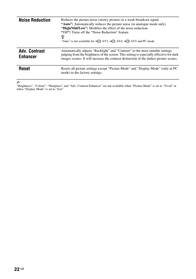Noise reduction, Adv. contrast enhancer, Reset | Sony BRAVIA KDL-26T30 User Manual | Page 22 / 204