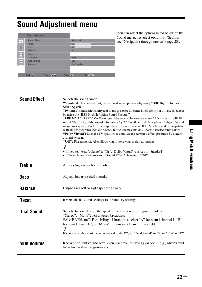 Sound adjustment menu, Sound effect, Treble | Bass, Balance, Reset, Dual sound, Auto volume, Using menu functions | Sony BRAVIA KDL-26T30 User Manual | Page 23 / 204