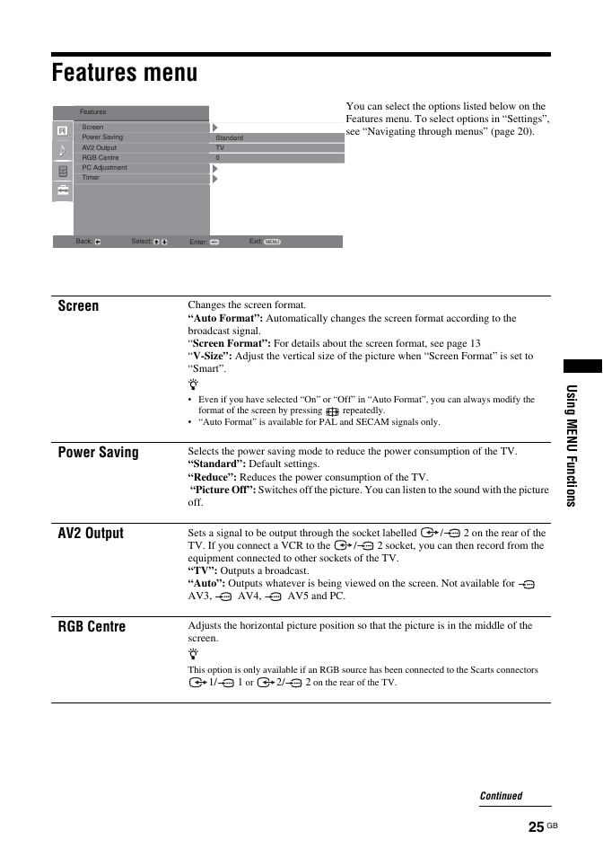 Features menu, Screen, Power saving | Av2 output, Rgb centre, Using menu functions | Sony BRAVIA KDL-26T30 User Manual | Page 25 / 204