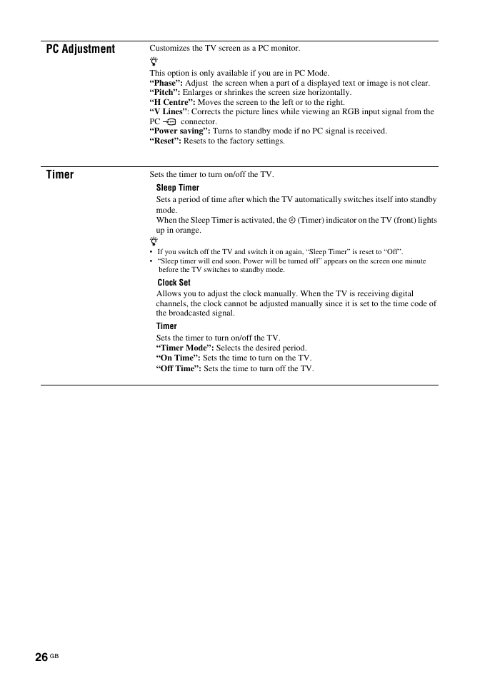 Pc adjustment, Timer | Sony BRAVIA KDL-26T30 User Manual | Page 26 / 204