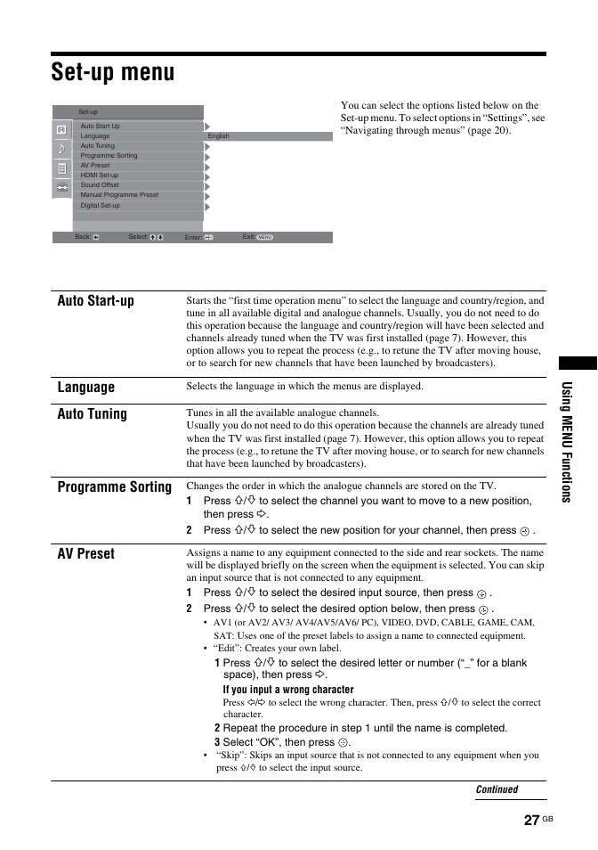 Set-up menu, Auto start-up, Language | Auto tuning, Programme sorting, Av preset, Using menu functions | Sony BRAVIA KDL-26T30 User Manual | Page 27 / 204