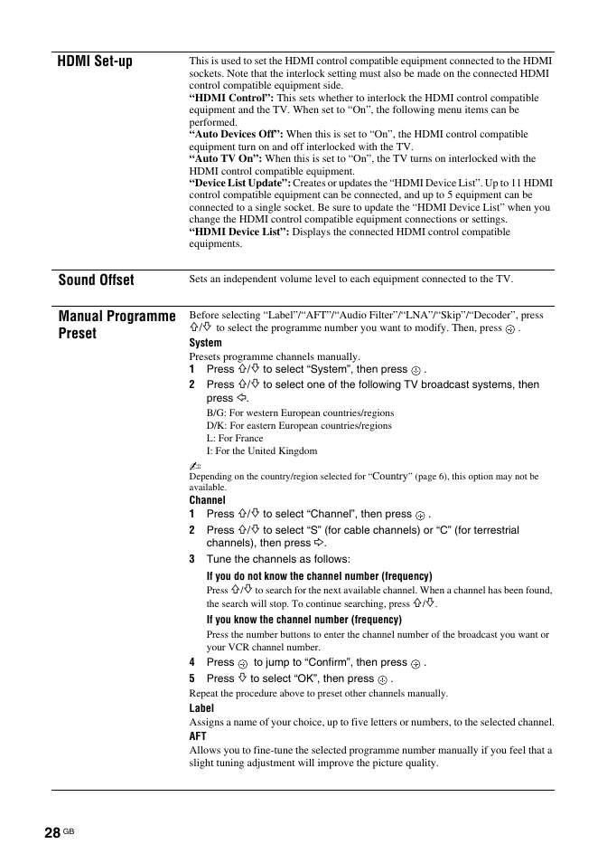 Hdmi set-up, Sound offset, Manual programme preset | Sony BRAVIA KDL-26T30 User Manual | Page 28 / 204