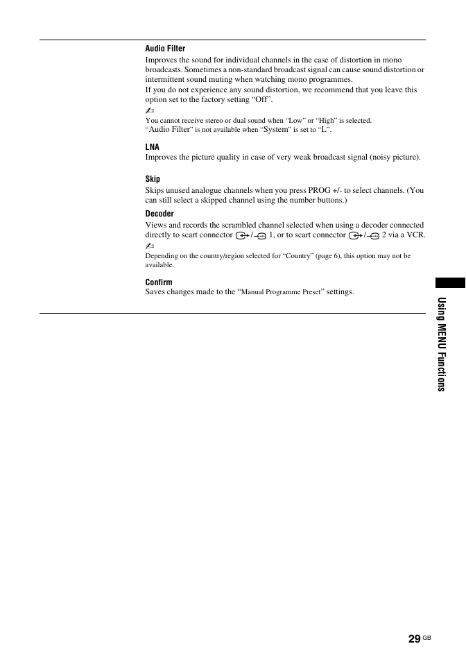 Using menu functions | Sony BRAVIA KDL-26T30 User Manual | Page 29 / 204