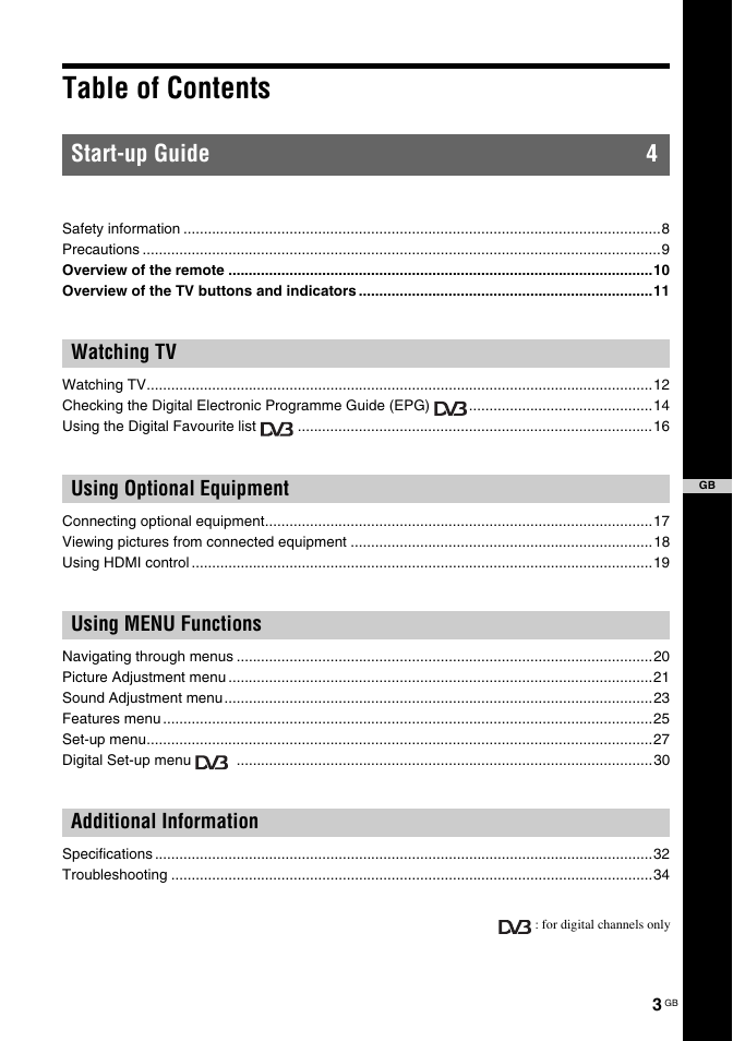 Sony BRAVIA KDL-26T30 User Manual | Page 3 / 204