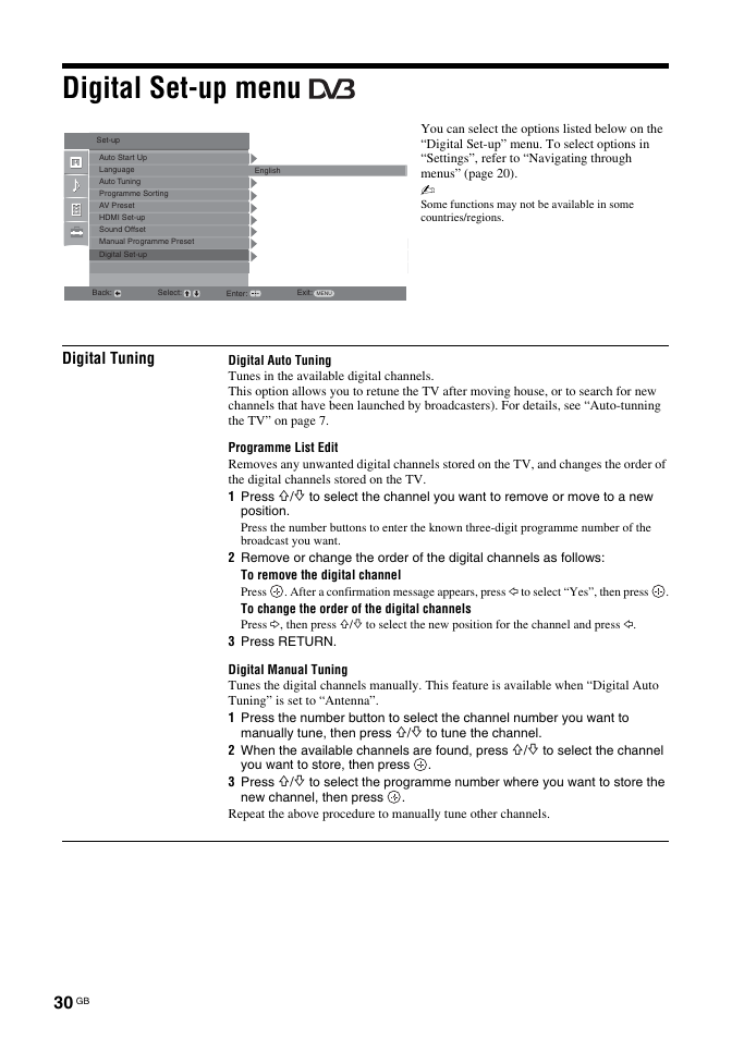 Digital set-up menu, Digital tuning | Sony BRAVIA KDL-26T30 User Manual | Page 30 / 204