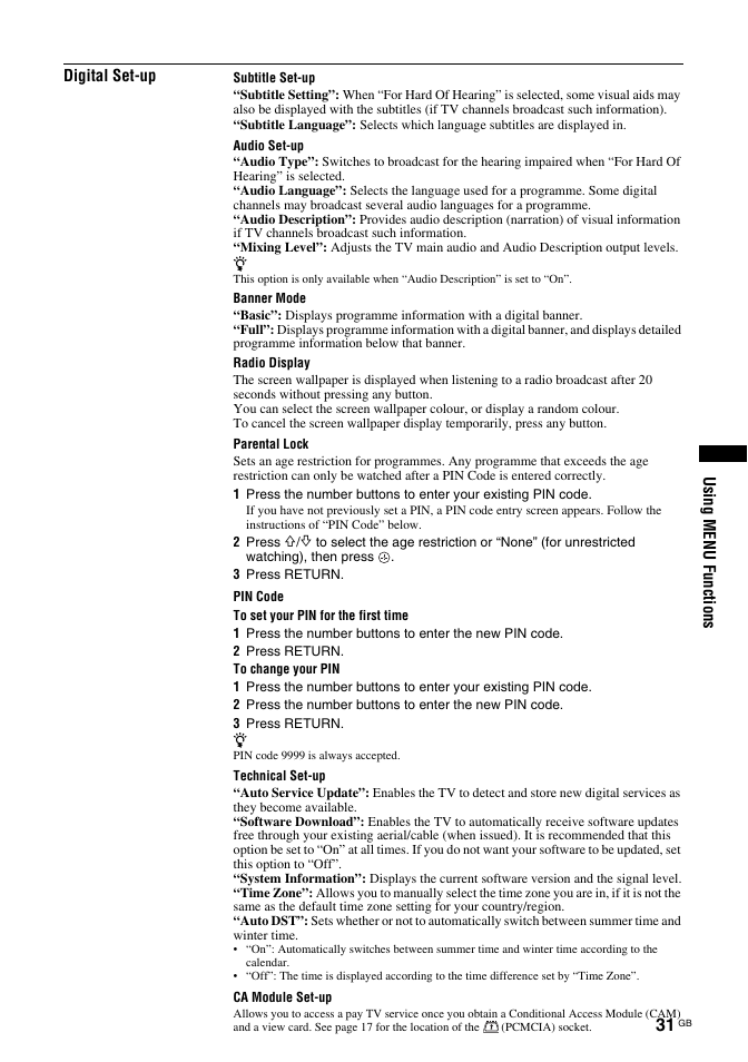 Using menu functions digital set-up | Sony BRAVIA KDL-26T30 User Manual | Page 31 / 204