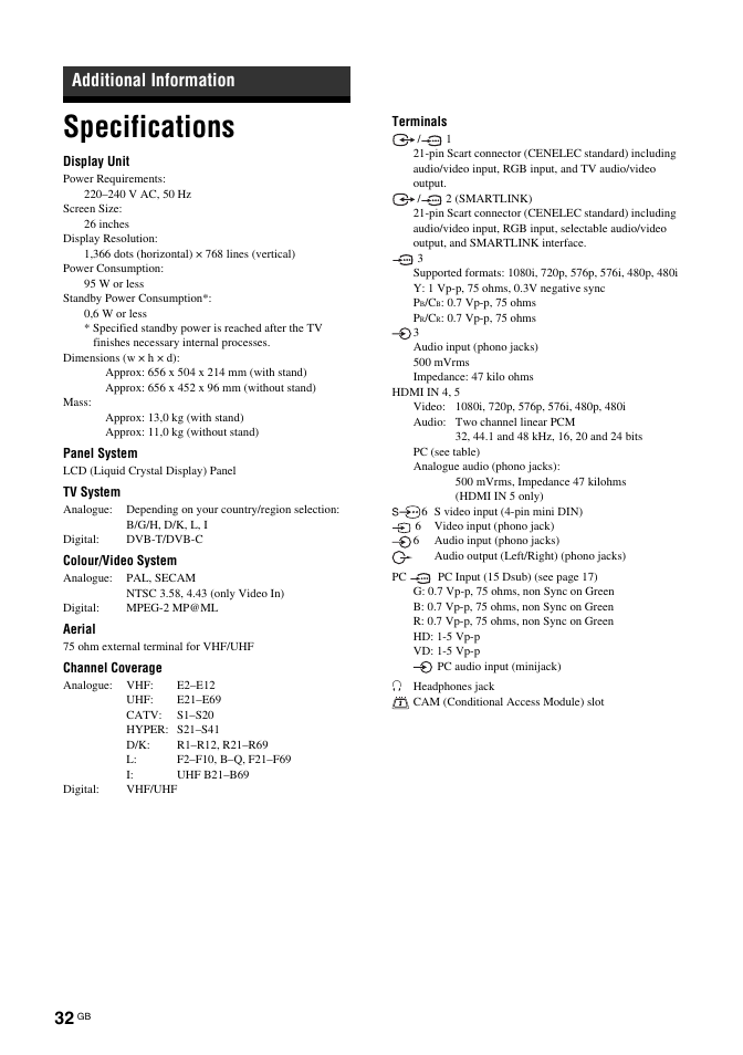 Specifications, Additional information | Sony BRAVIA KDL-26T30 User Manual | Page 32 / 204