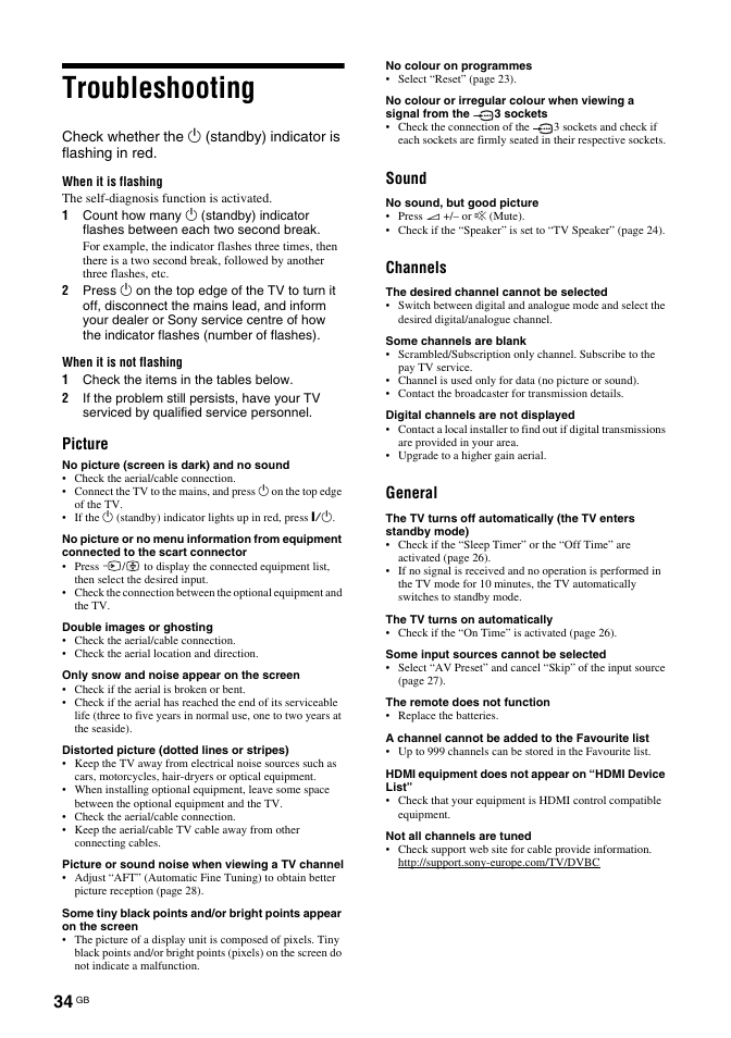 Troubleshooting, Picture, Sound | Channels, General | Sony BRAVIA KDL-26T30 User Manual | Page 34 / 204