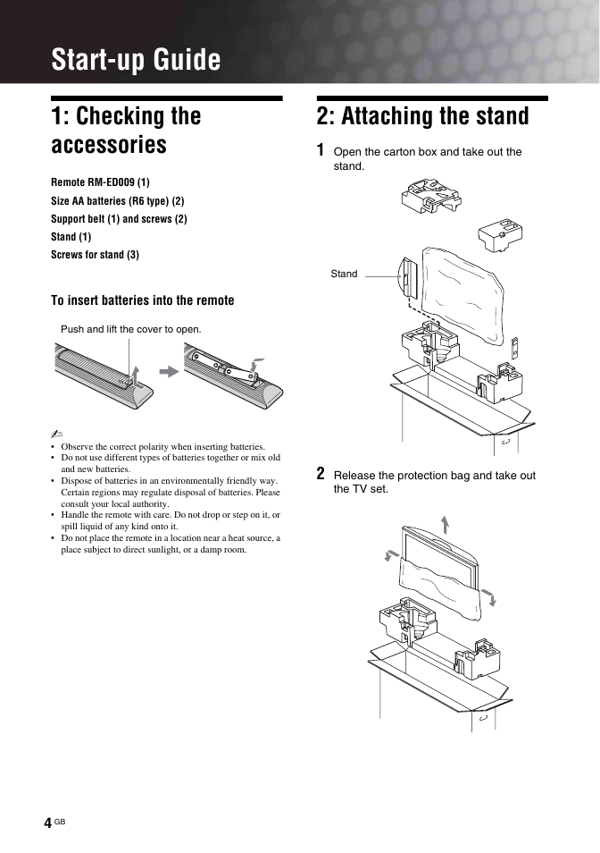 Start-up guide, Checking the accessories, Attaching the stand | Sony BRAVIA KDL-26T30 User Manual | Page 4 / 204