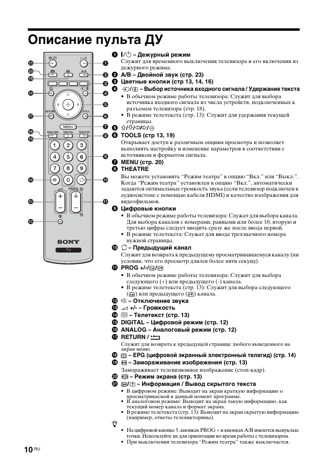 Описание пульта ду | Sony BRAVIA KDL-26T30 User Manual | Page 44 / 204