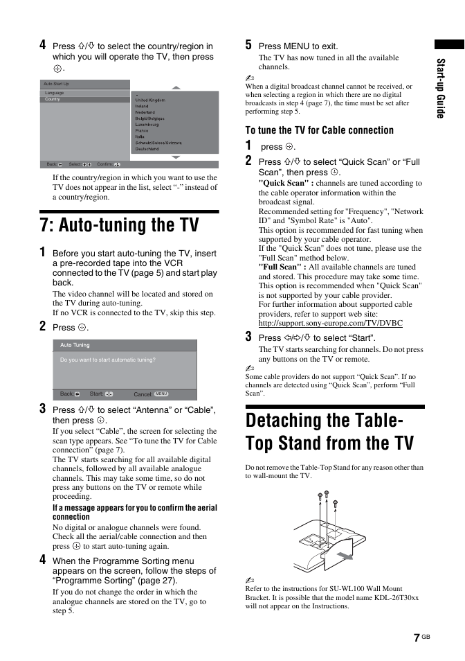 Auto-tuning the tv, Detaching the table- top stand from the tv | Sony BRAVIA KDL-26T30 User Manual | Page 7 / 204