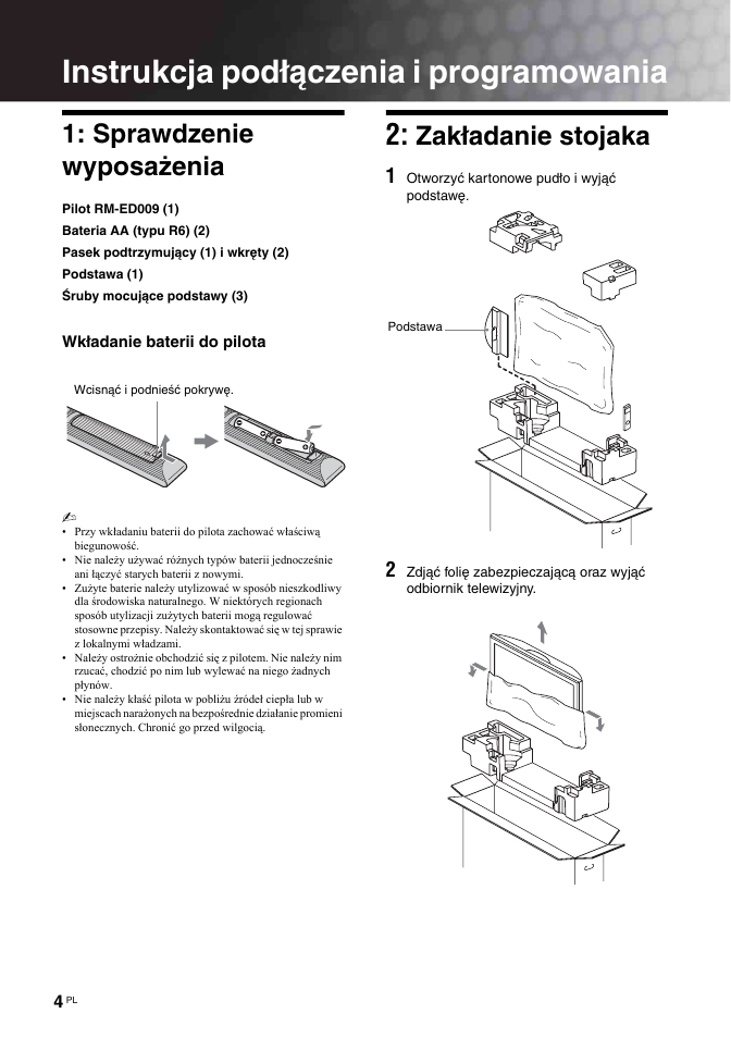Instrukcja podłączenia i programowania, Sprawdzenie wyposażenia, Zakładanie stojaka | Sony BRAVIA KDL-26T30 User Manual | Page 72 / 204