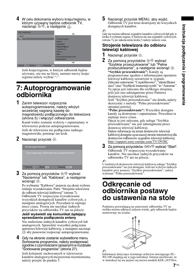 Autoprogramowanie odbiornika, Instrukcja podłączenia i programowania, Strojenie telewizora do odbioru telewizji kablowej | Sony BRAVIA KDL-26T30 User Manual | Page 75 / 204