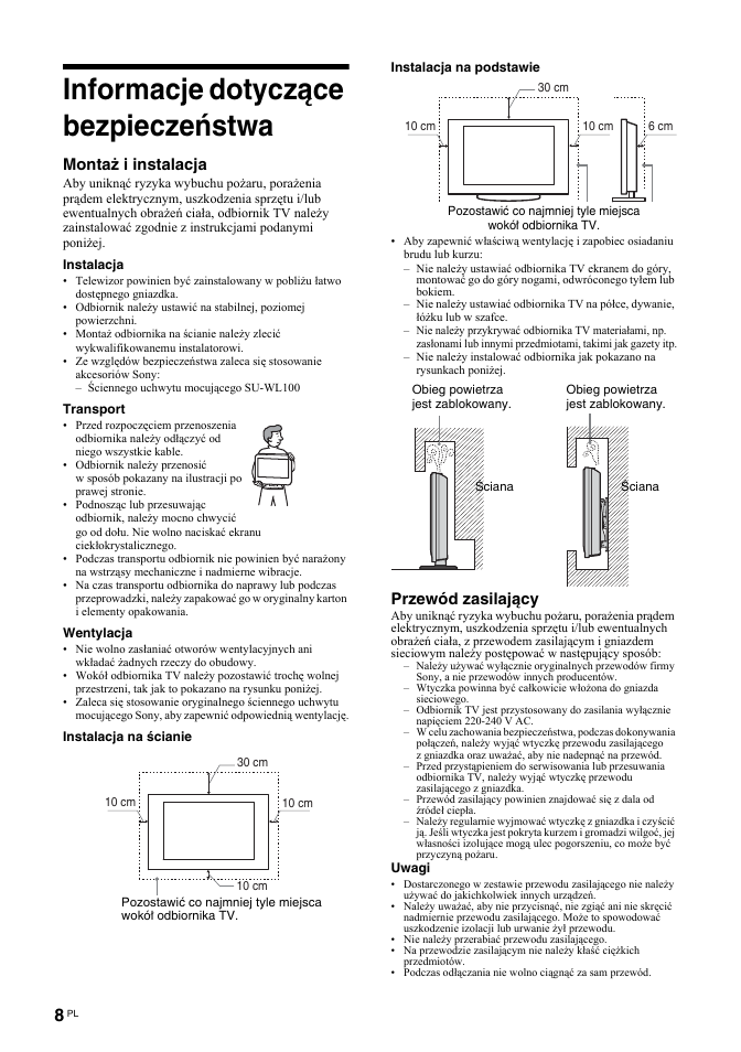 Informacje dotyczące bezpieczeństwa, Montaż i instalacja, Przewód zasilający | Sony BRAVIA KDL-26T30 User Manual | Page 76 / 204