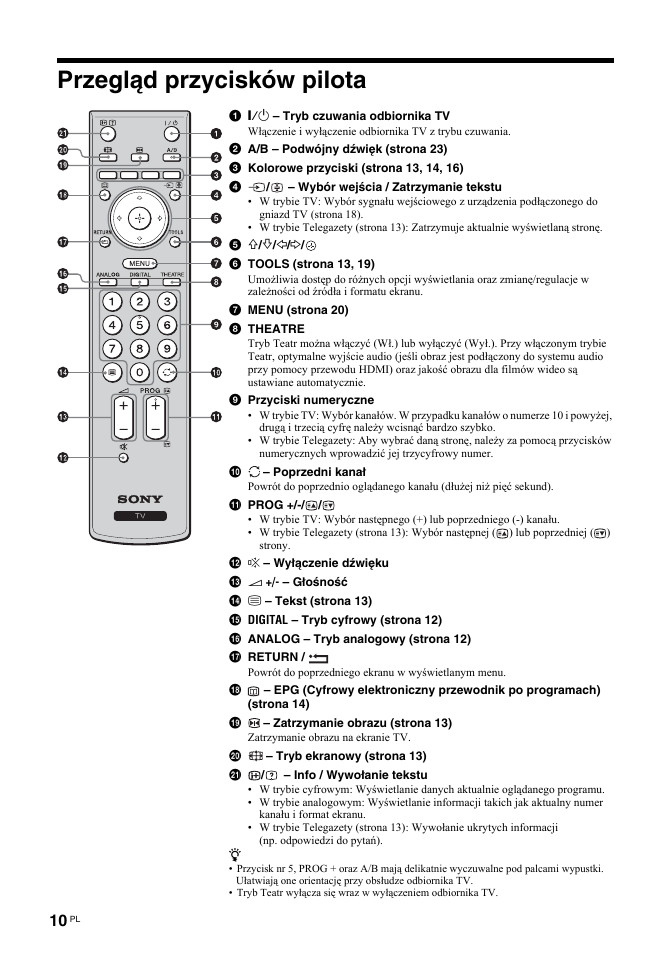 Przegląd przycisków pilota | Sony BRAVIA KDL-26T30 User Manual | Page 78 / 204