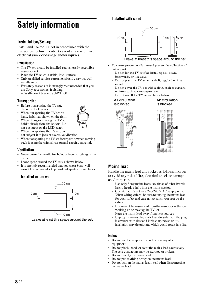 Safety information, Installation/set-up, Mains lead | Sony BRAVIA KDL-26T30 User Manual | Page 8 / 204