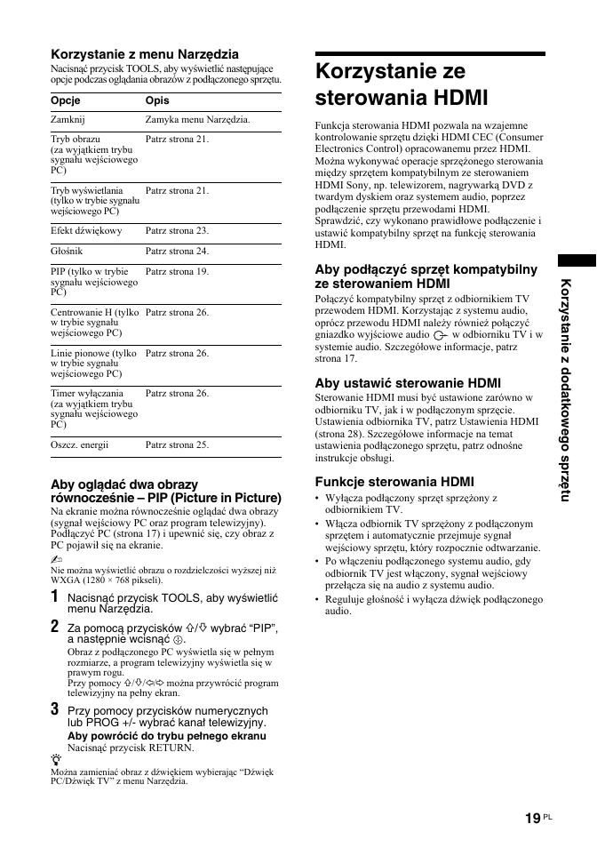 Korzystanie ze sterowania hdmi, Aby ustawić sterowanie hdmi, Funkcje sterowania hdmi | Sony BRAVIA KDL-26T30 User Manual | Page 87 / 204