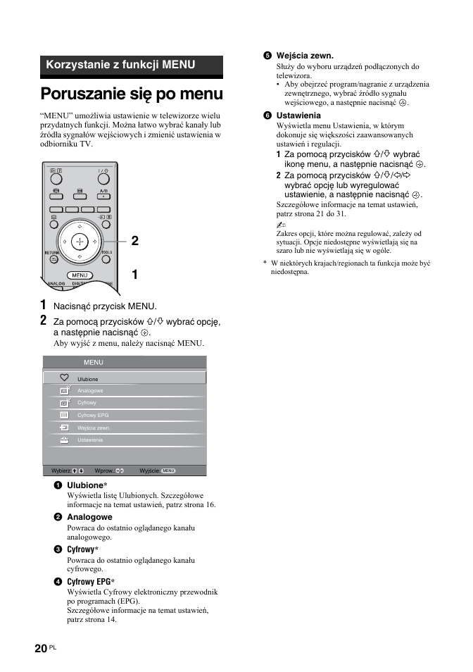 Poruszanie się po menu, Korzystanie z funkcji menu | Sony BRAVIA KDL-26T30 User Manual | Page 88 / 204