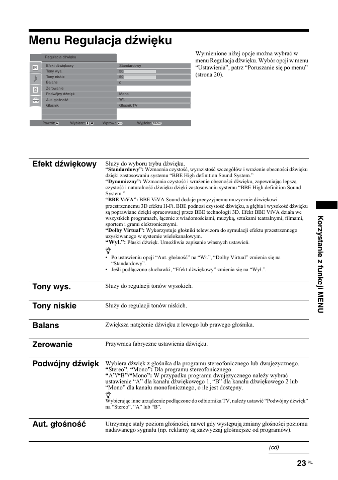 Menu regulacja dźwięku, Efekt dźwiękowy, Tony wys | Tony niskie, Balans, Zerowanie, Podwójny dźwięk, Aut. głośność, Korzystanie z funkcji menu | Sony BRAVIA KDL-26T30 User Manual | Page 91 / 204