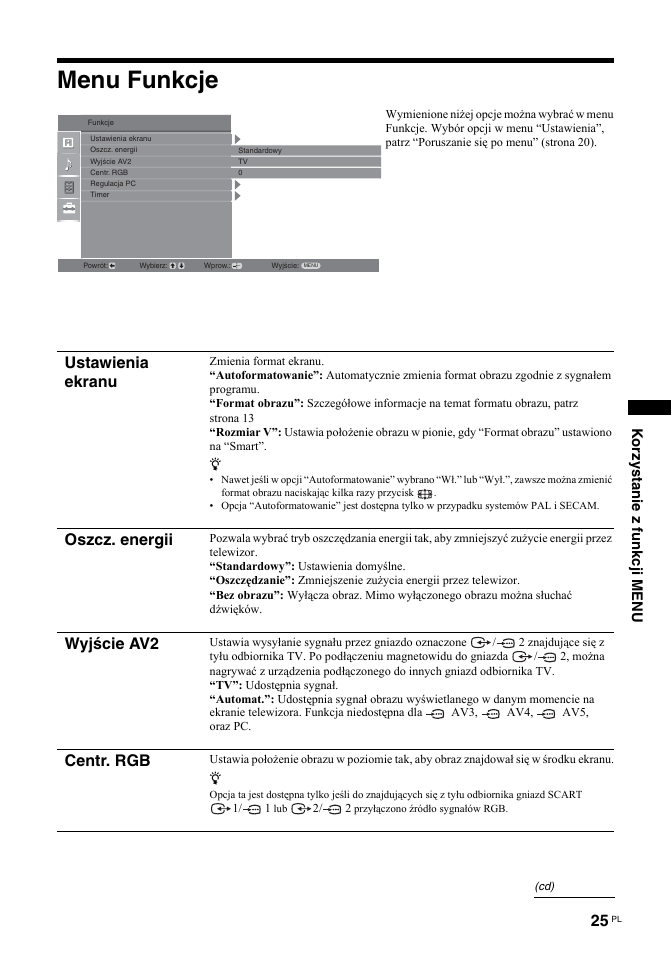 Menu funkcje, Ustawienia ekranu, Oszcz. energii | Wyjście av2, Centr. rgb, Korzystanie z funkcji menu | Sony BRAVIA KDL-26T30 User Manual | Page 93 / 204