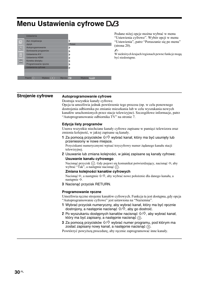 Menu ustawienia cyfrowe, Strojenie cyfrowe | Sony BRAVIA KDL-26T30 User Manual | Page 98 / 204