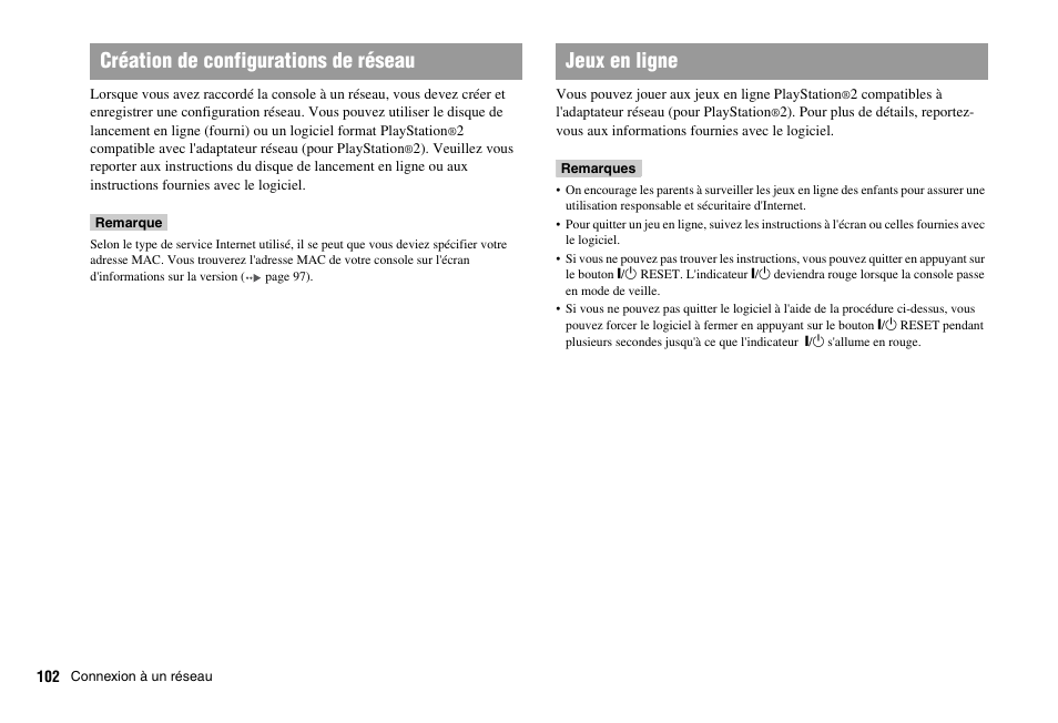 Création de configurations de réseau jeux en ligne | Sony PS 2 SCPH-77001CB User Manual | Page 102 / 172