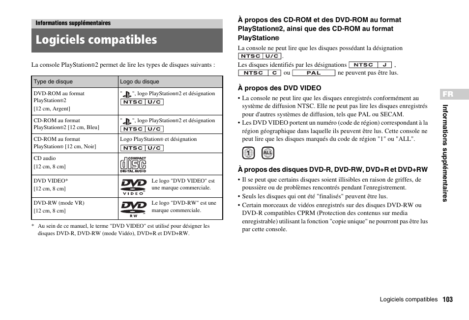 Informations supplémentaires, Logiciels compatibles | Sony PS 2 SCPH-77001CB User Manual | Page 103 / 172