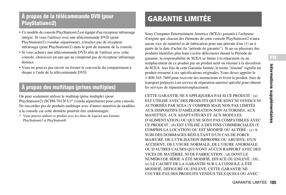 Garantie limitée, À propos de la télécommande dvd (pour playstation, 2) à propos des multitaps (prises multiples) | Sony PS 2 SCPH-77001CB User Manual | Page 105 / 172