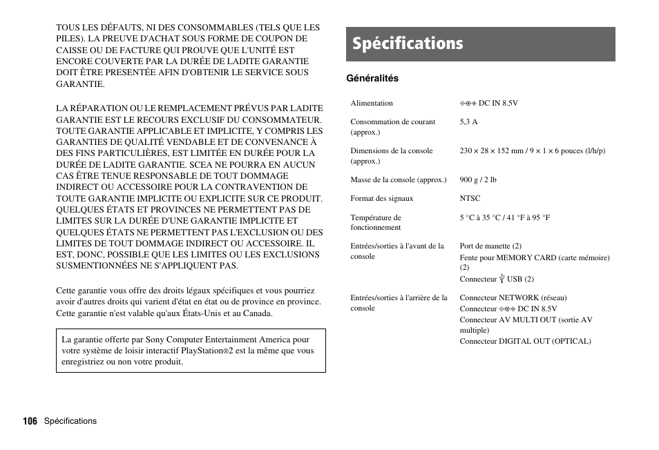 Spécifications | Sony PS 2 SCPH-77001CB User Manual | Page 106 / 172