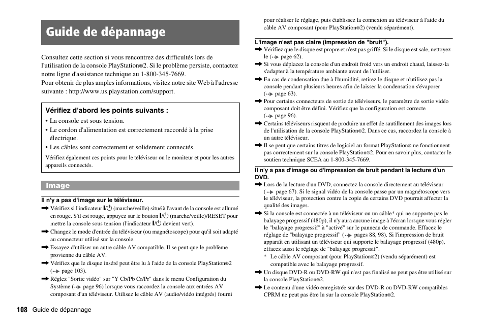 Guide de dépannage | Sony PS 2 SCPH-77001CB User Manual | Page 108 / 172