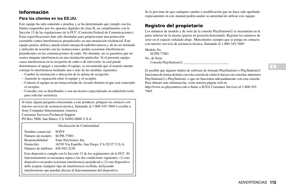 Es información, Registro del propietario | Sony PS 2 SCPH-77001CB User Manual | Page 115 / 172