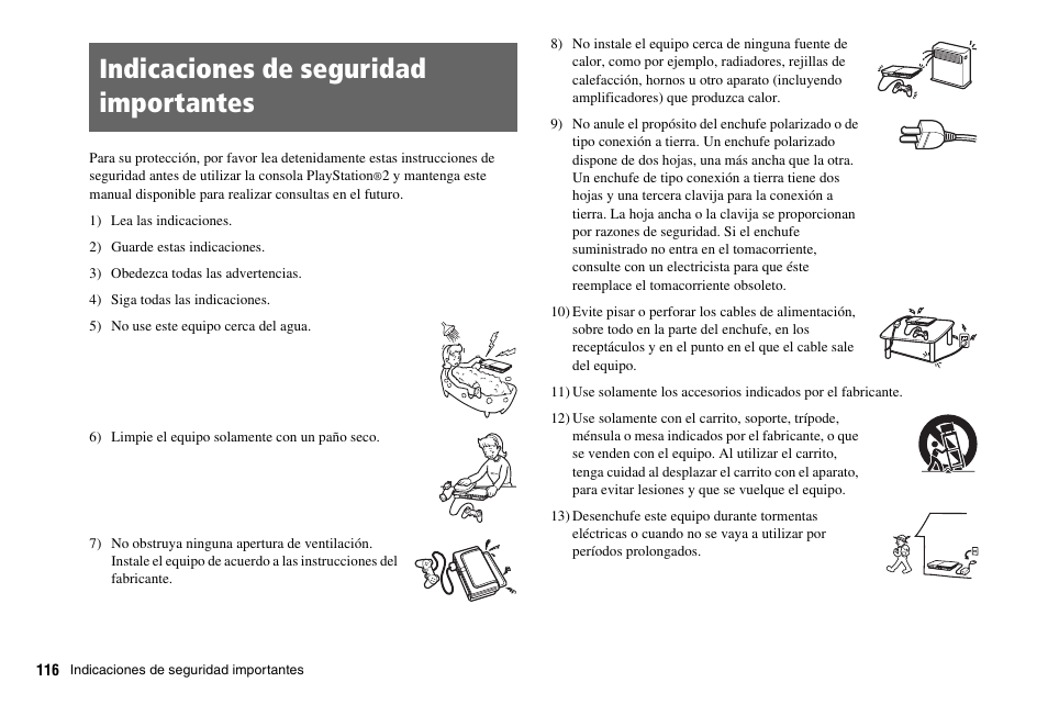 Indicaciones de seguridad importantes | Sony PS 2 SCPH-77001CB User Manual | Page 116 / 172