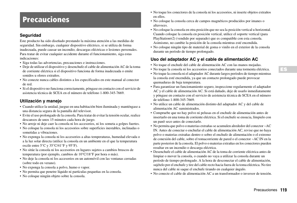 Precauciones | Sony PS 2 SCPH-77001CB User Manual | Page 119 / 172