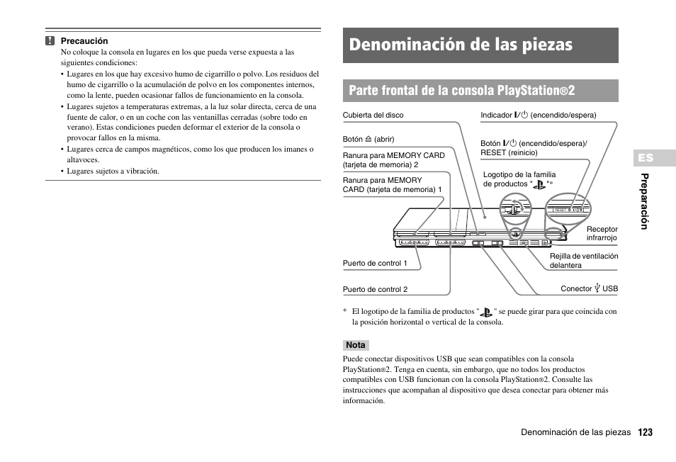 Denominación de las piezas, Parte frontal de la consola playstation | Sony PS 2 SCPH-77001CB User Manual | Page 123 / 172