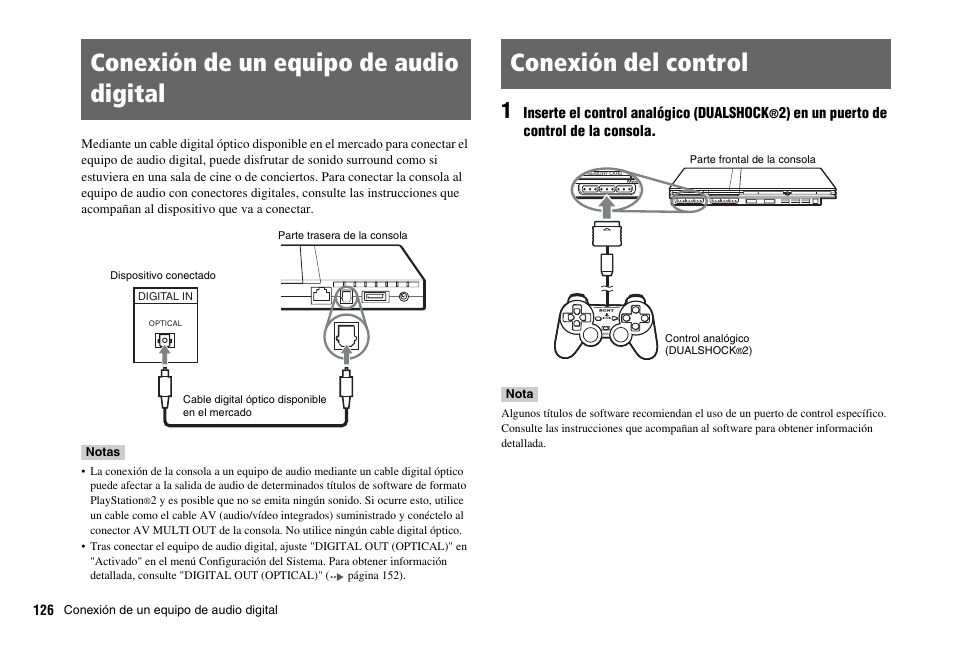 Conexión de un equipo de audio digital, Conexión del control | Sony PS 2 SCPH-77001CB User Manual | Page 126 / 172