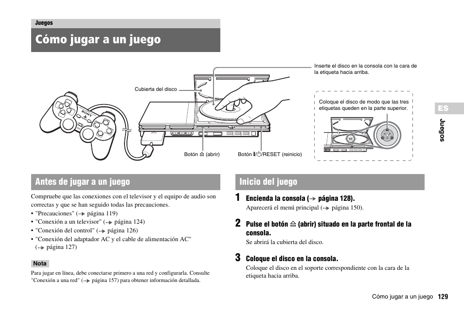 Juegos, Cómo jugar a un juego, Antes de jugar a un juego inicio del juego | Sony PS 2 SCPH-77001CB User Manual | Page 129 / 172