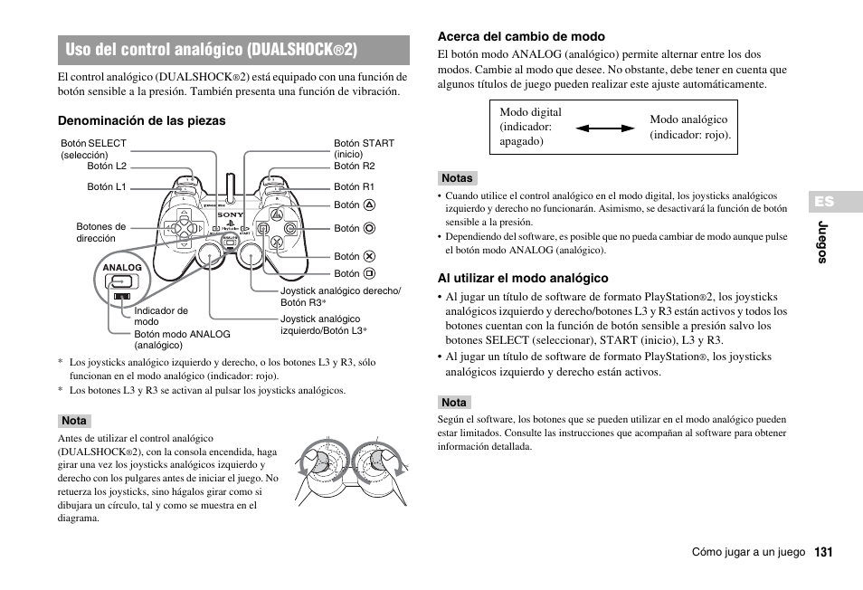 Uso del control analógico (dualshock | Sony PS 2 SCPH-77001CB User Manual | Page 131 / 172