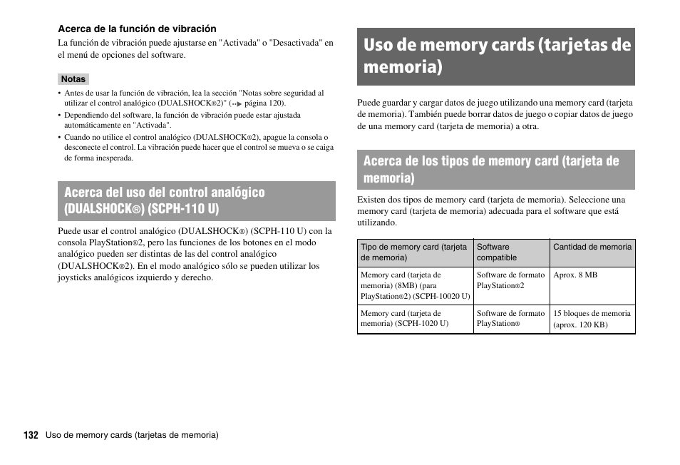 Uso de memory cards (tarjetas de memoria), Acerca del uso del control analógico (dualshock, Scph-110 u) | Sony PS 2 SCPH-77001CB User Manual | Page 132 / 172