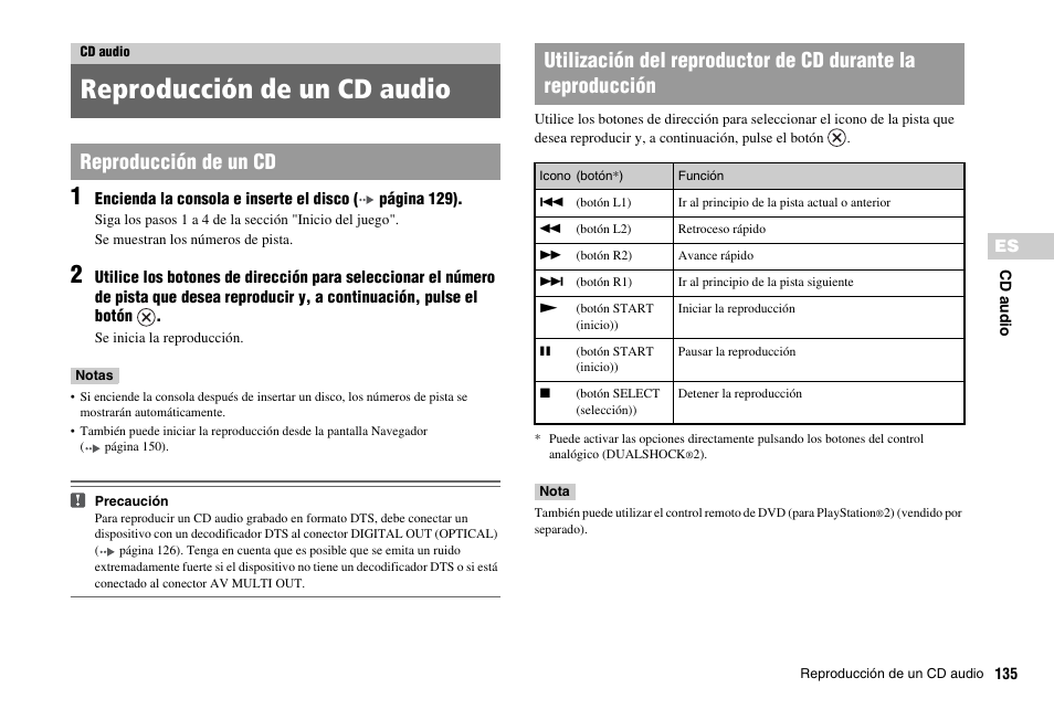 Cd audio, Reproducción de un cd audio | Sony PS 2 SCPH-77001CB User Manual | Page 135 / 172