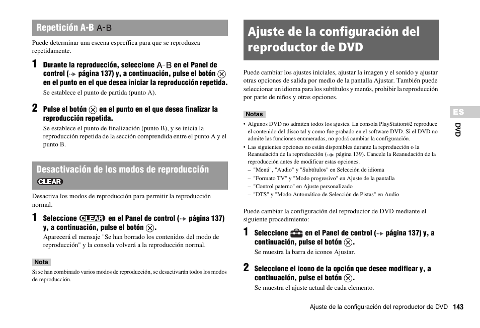 Ajuste de la configuración del reproductor de dvd | Sony PS 2 SCPH-77001CB User Manual | Page 143 / 172