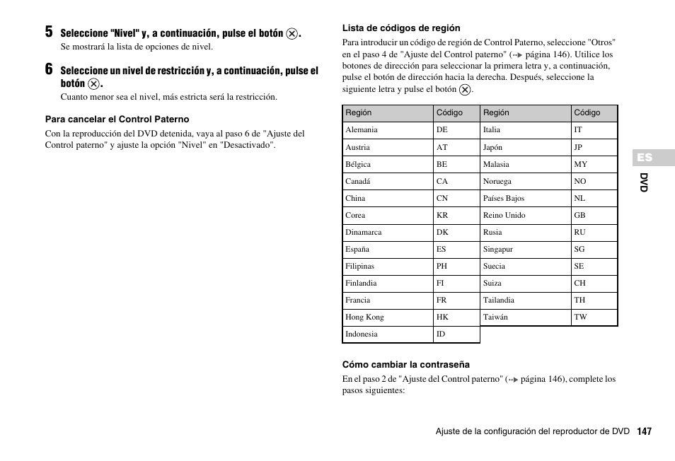 Lista de códigos de región | Sony PS 2 SCPH-77001CB User Manual | Page 147 / 172