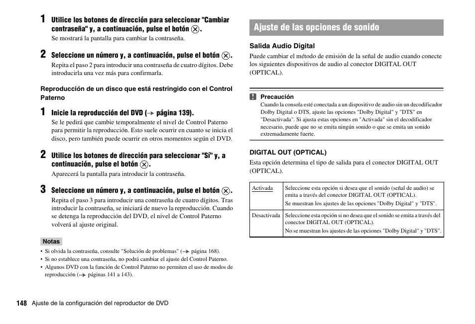 Ajuste de las opciones de sonido | Sony PS 2 SCPH-77001CB User Manual | Page 148 / 172